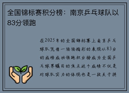 全国锦标赛积分榜：南京乒乓球队以83分领跑