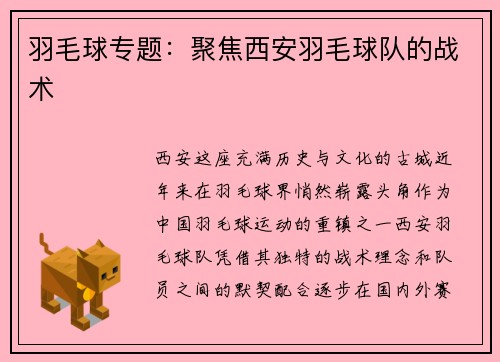 羽毛球专题：聚焦西安羽毛球队的战术