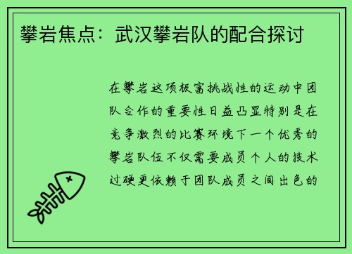 攀岩焦点：武汉攀岩队的配合探讨
