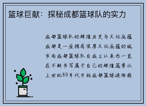 篮球巨献：探秘成都篮球队的实力