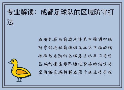 专业解读：成都足球队的区域防守打法