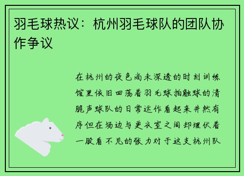 羽毛球热议：杭州羽毛球队的团队协作争议